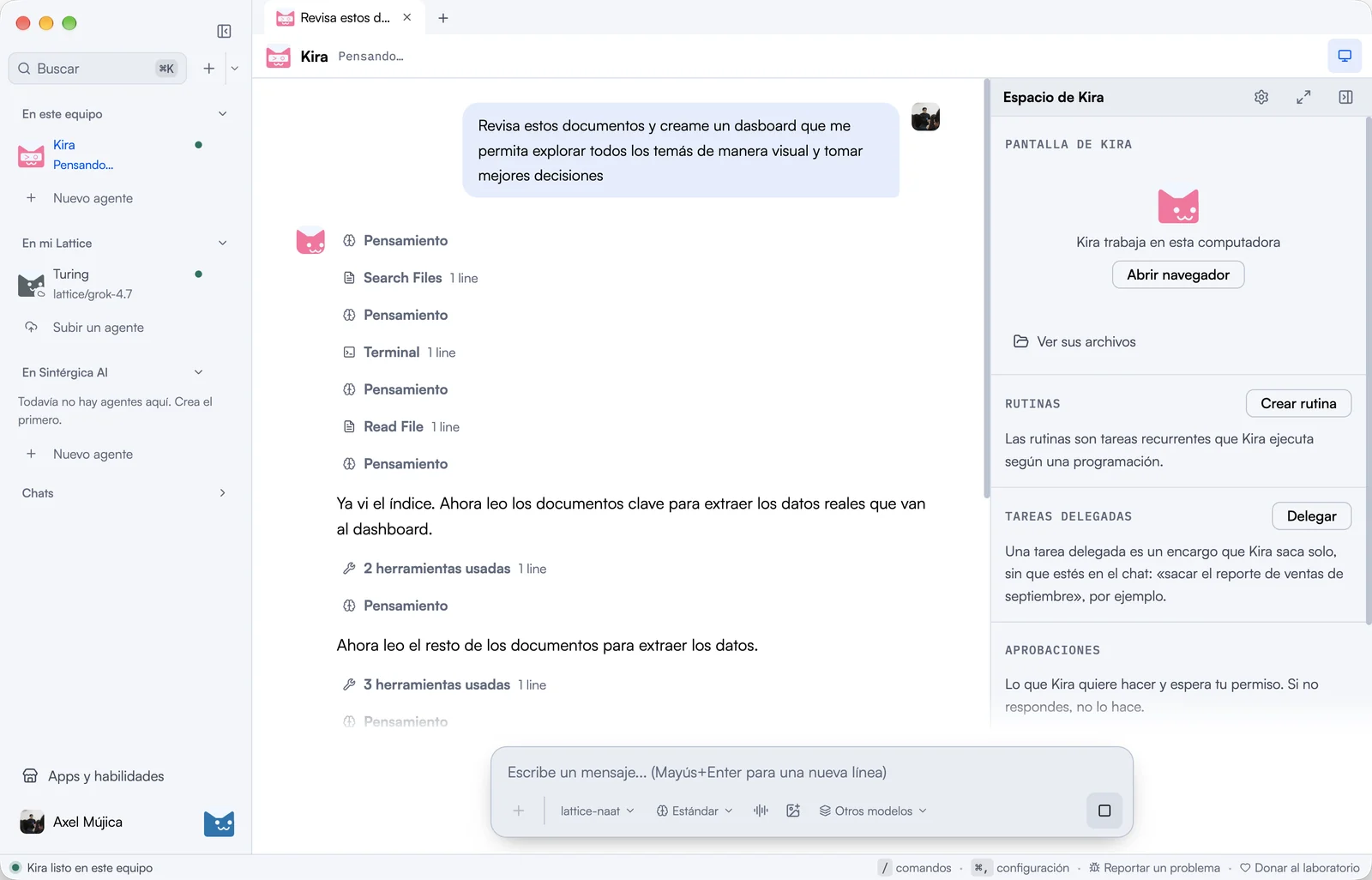Lattice Kaná: Kira, un agente, revisa documentos para armar un tablero; a la derecha, su espacio con rutinas, tareas delegadas y aprobaciones